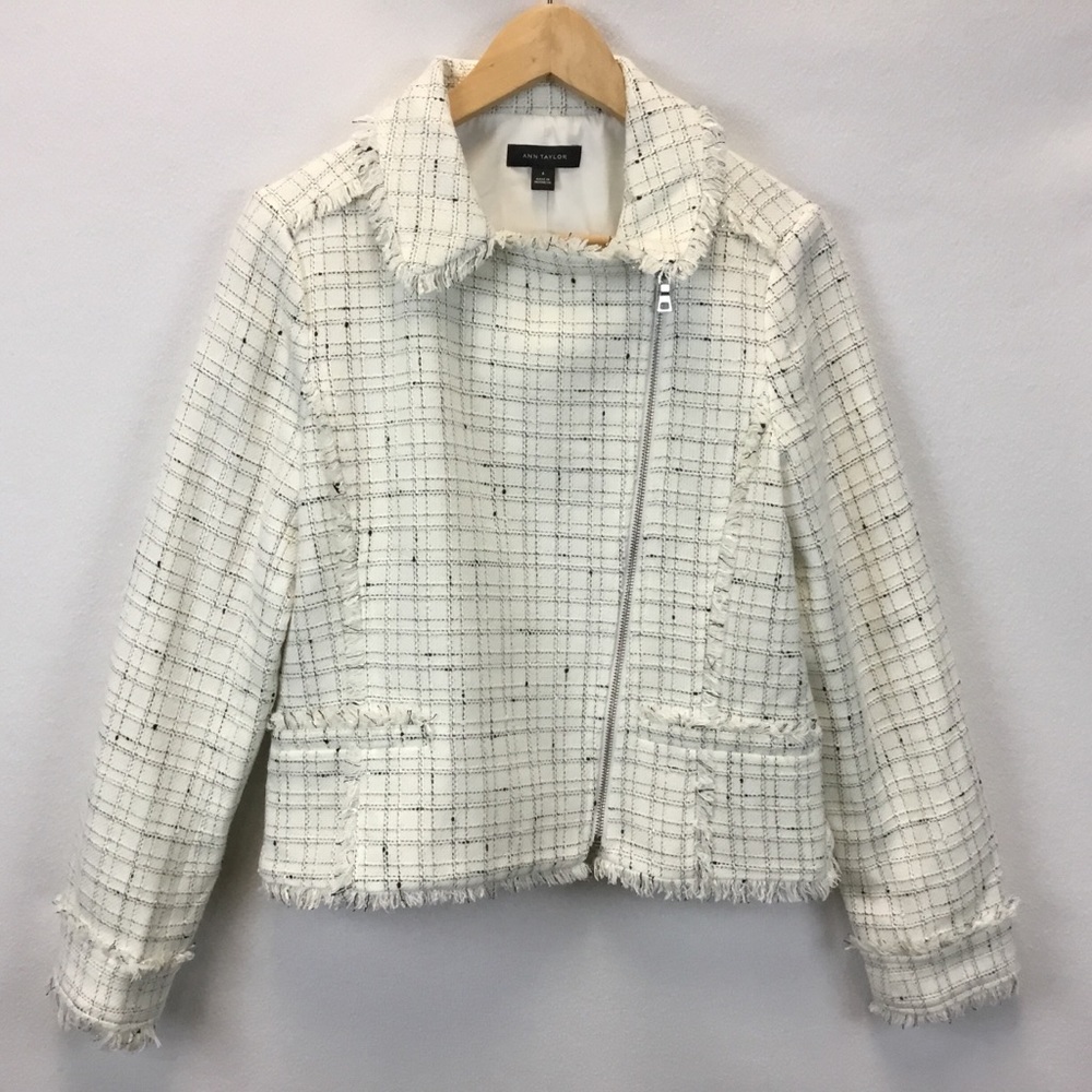 Ann Taylor Fringe Tweed Moto Jacket